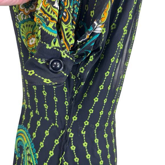 Vintage 70s Psychedelic Paisley Shirt Dress – Black, Green, Floral, M - Picture 4 of 16